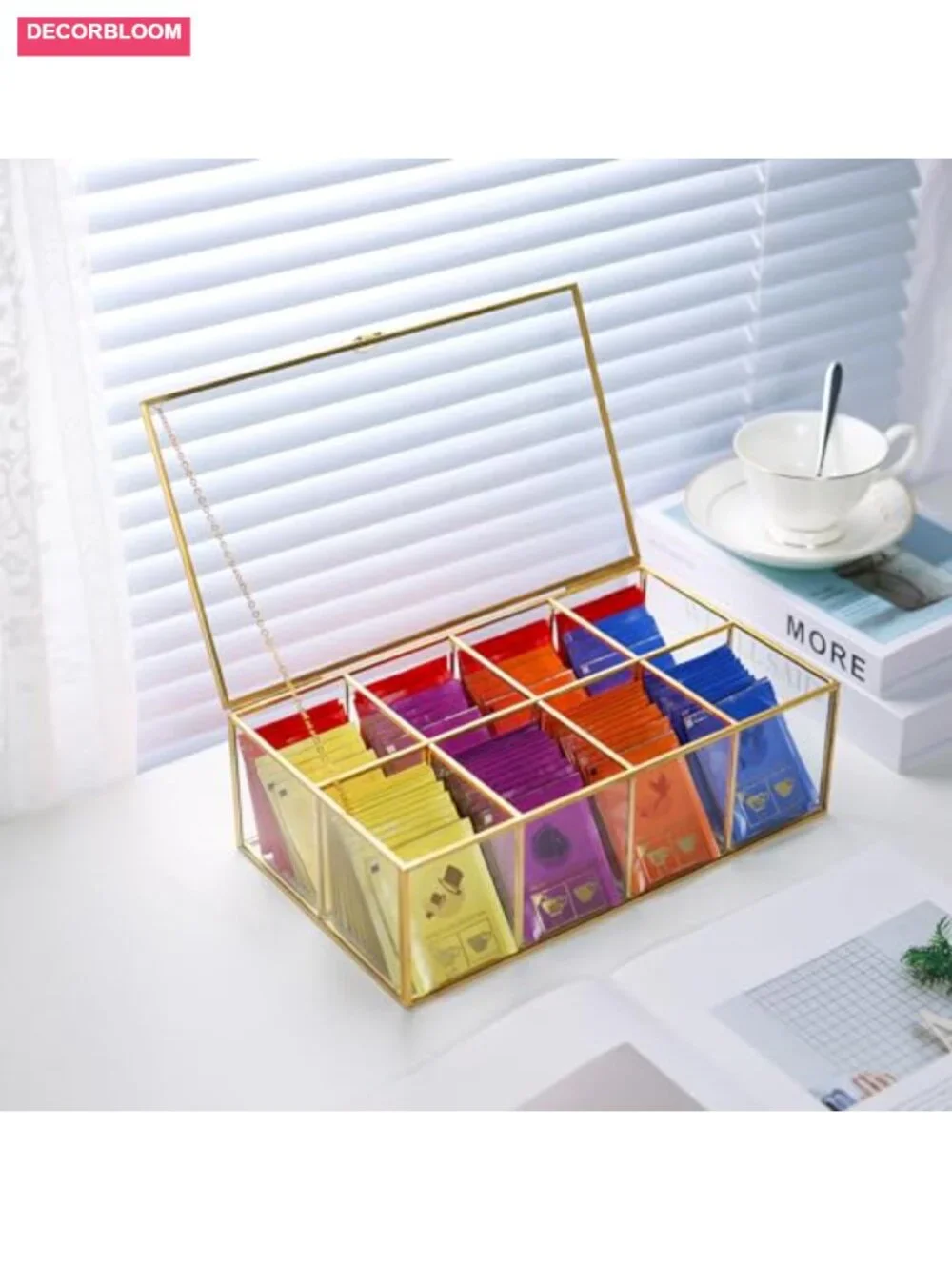 Glass Tea Bag Organizer with 8 Compartments, Handmade Large Storage Box for